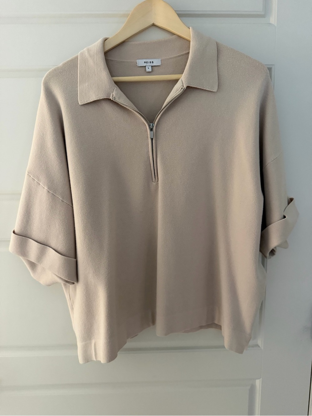 Reiss Beige Short-Sleeve Zip-Collar Knit Top
